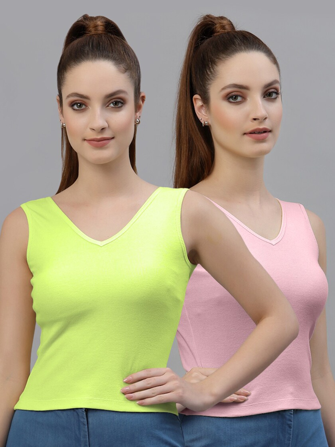 

Friskers Pack of 2 V-Neck Cotton Fitted Tops, Lime green