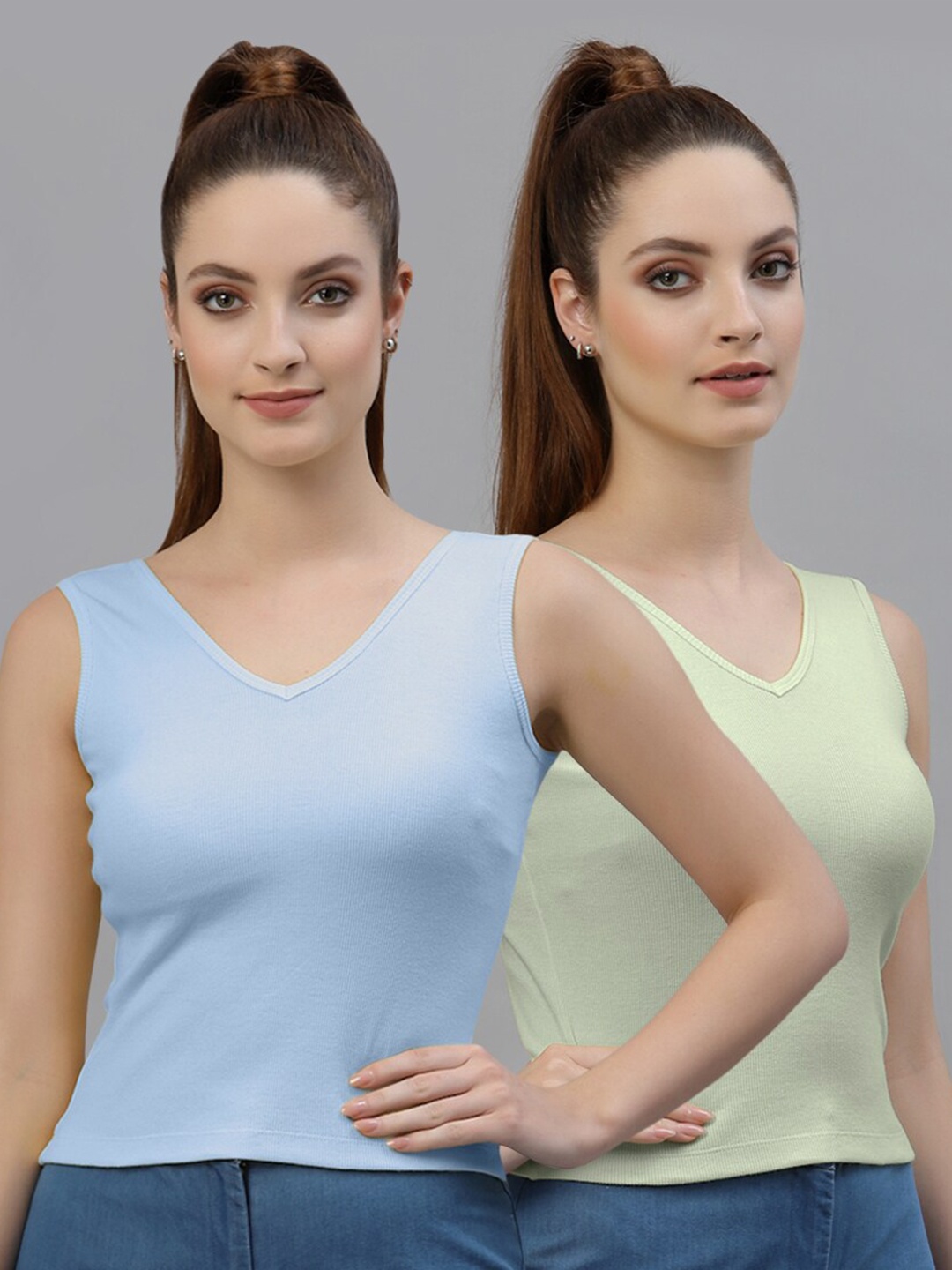 

Friskers Pack of 2 V-Neck Cotton Fitted Tops, Blue