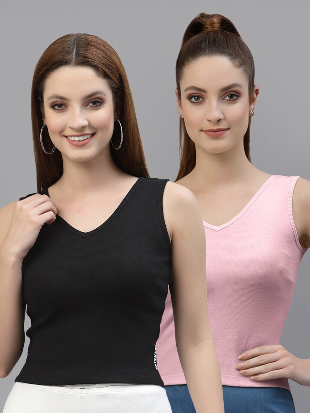 Friskers Pack of 2 V-Neck Cotton Fitted Tops, Black