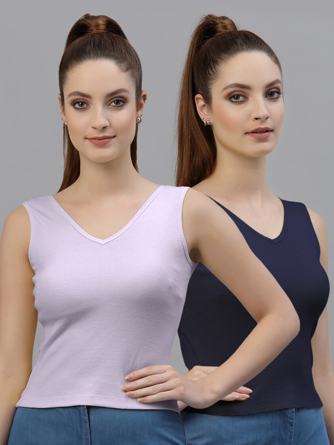 

Friskers Pack of 2 V-Neck Cotton Fitted Tops, Lavender