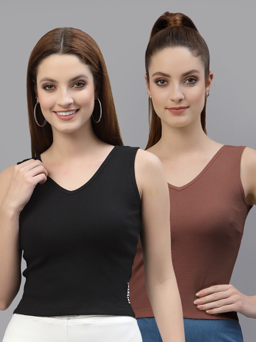 

Friskers Pack of 2 V-Neck Cotton Fitted Tops, Black