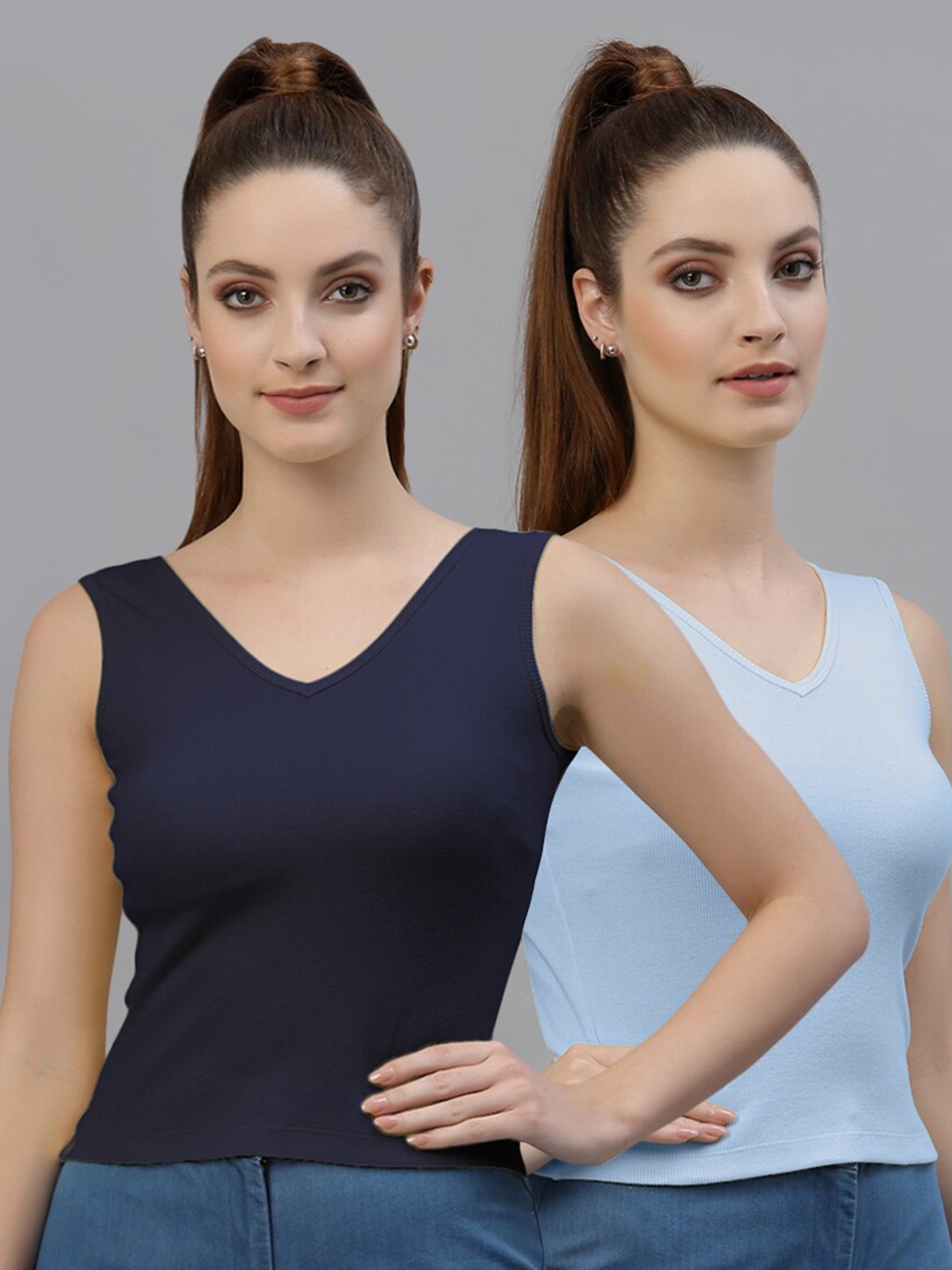 

Friskers Pack of 2 V-Neck Cotton Fitted Tops, Navy blue