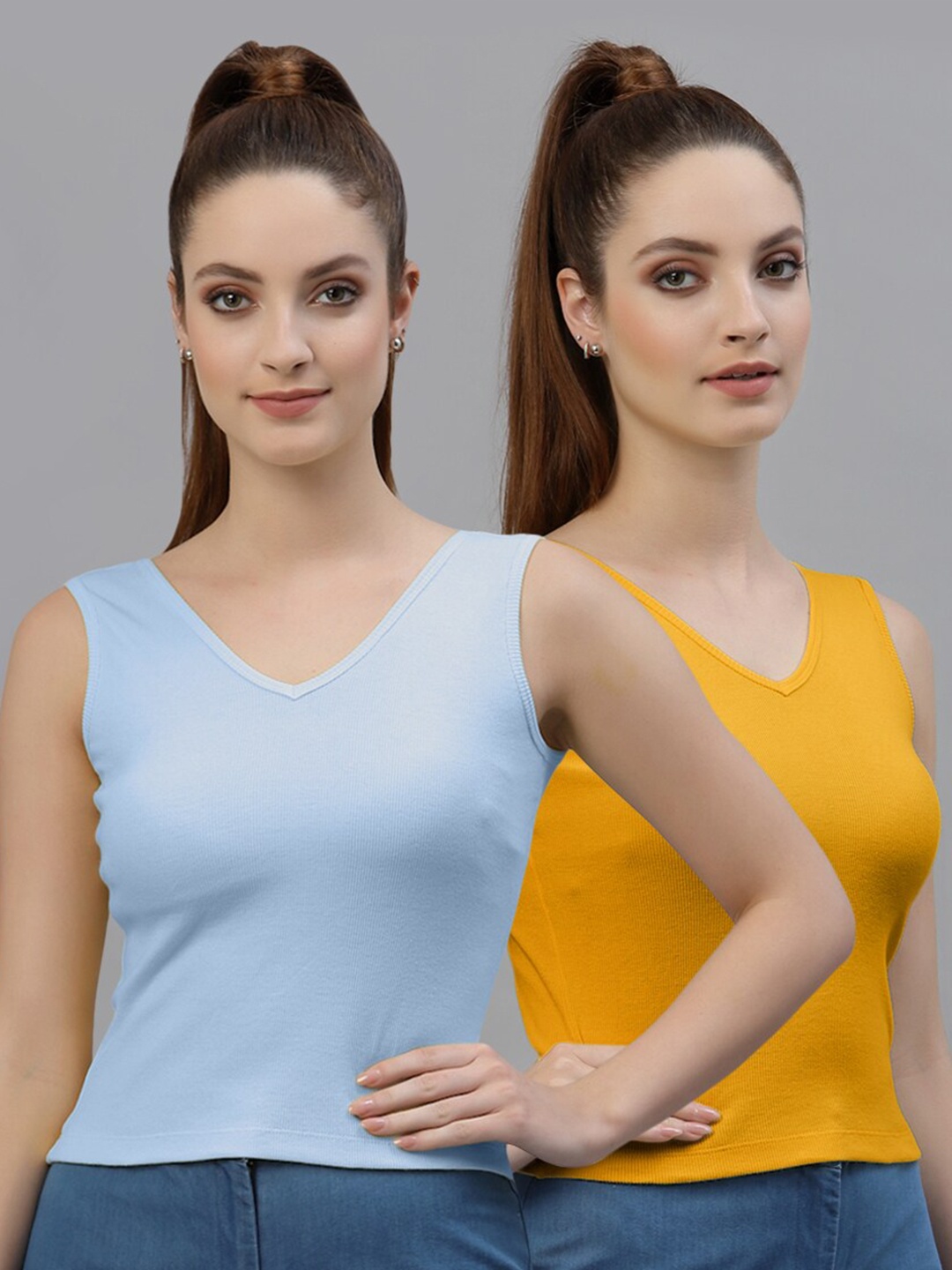 

Friskers Pack of 2 V-Neck Cotton Fitted Tops, Turquoise blue