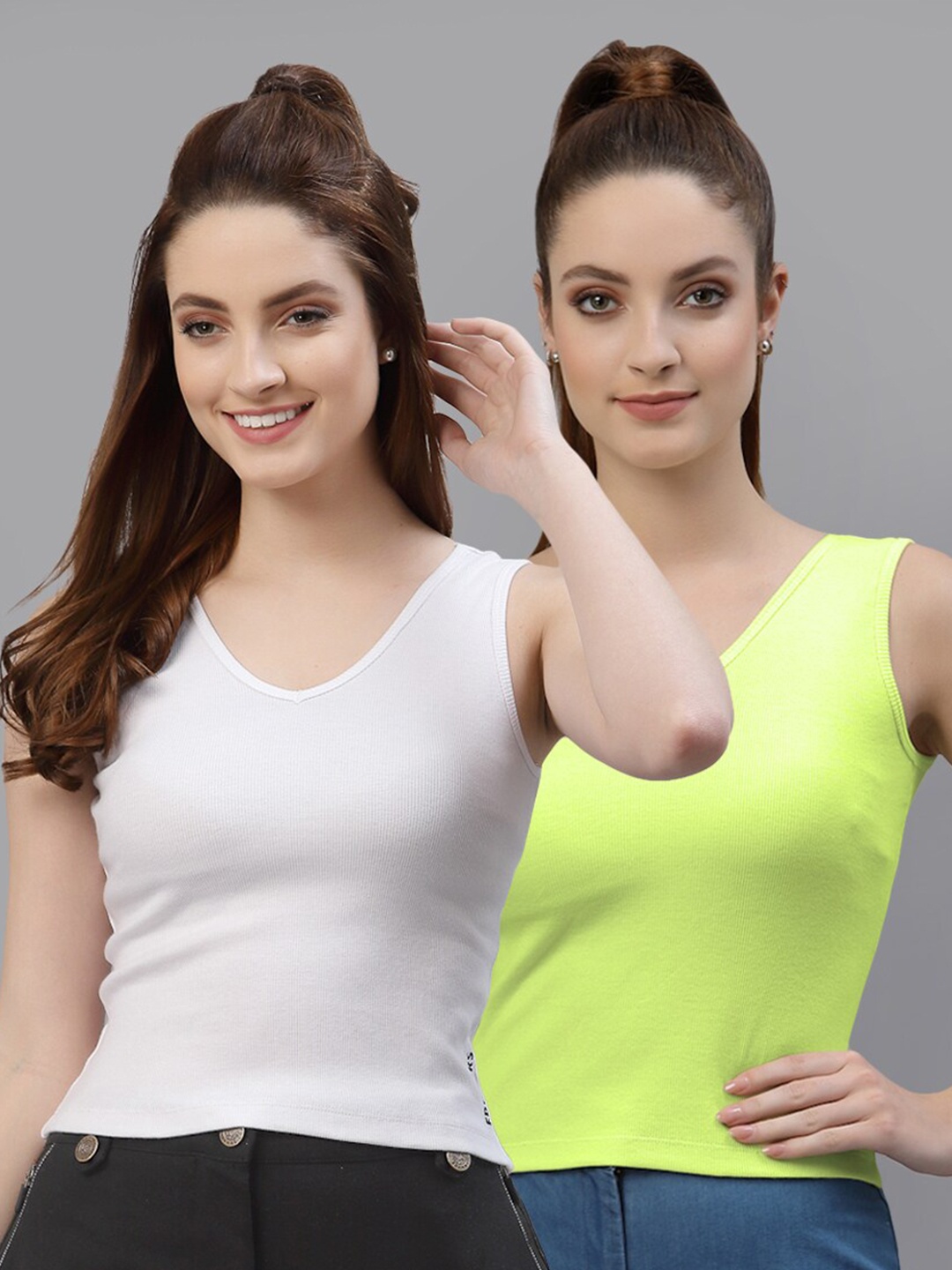 

Friskers Pack of 2 V-Neck Cotton Fitted Tops, White