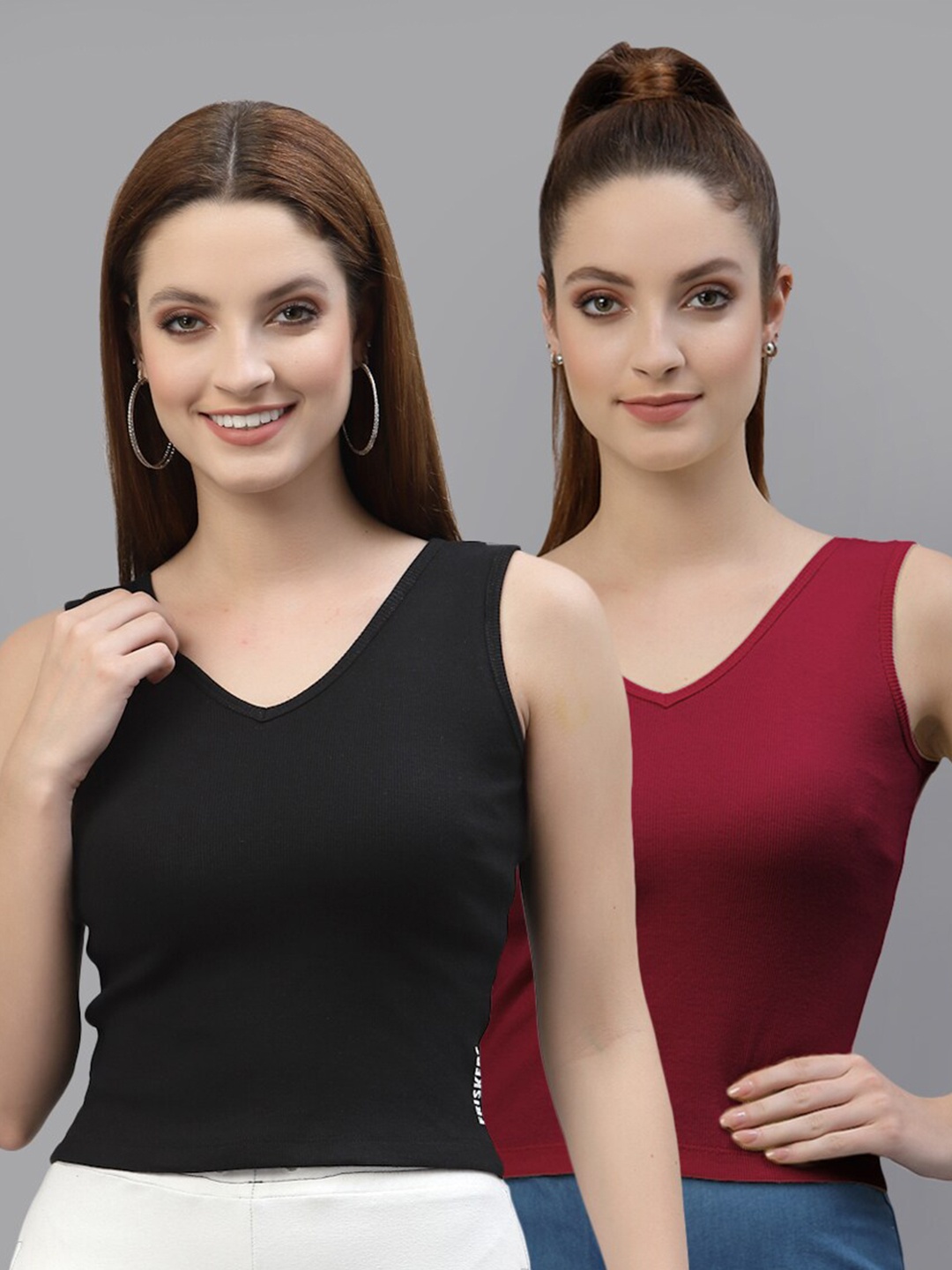 

Friskers Pack of 2 V-Neck Cotton Fitted Tops, Black