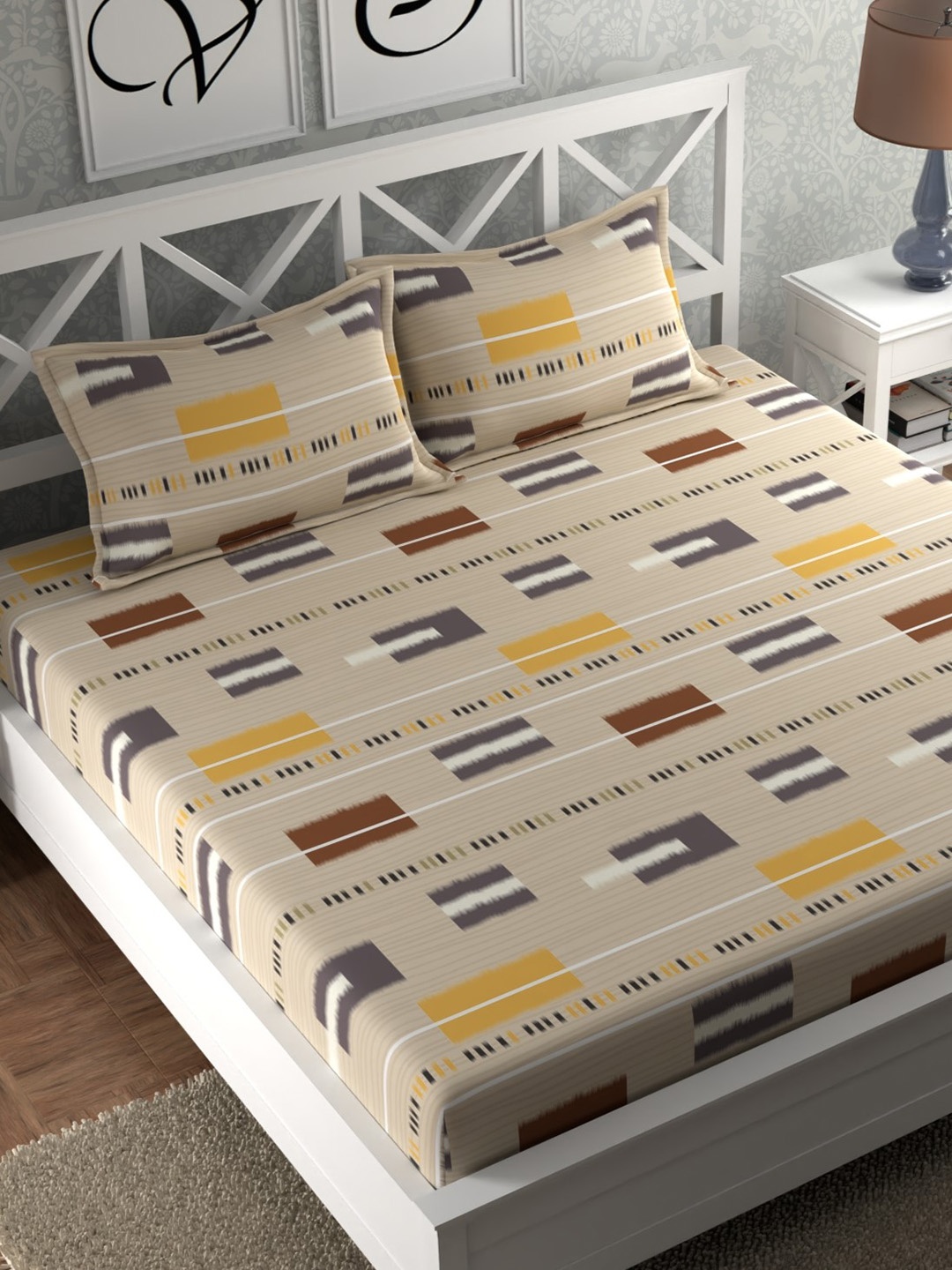 

CHHAVI INDIA Beige & Yellow Geometric 210 TC Flat Queen Bedsheet with 2 Pillow Covers