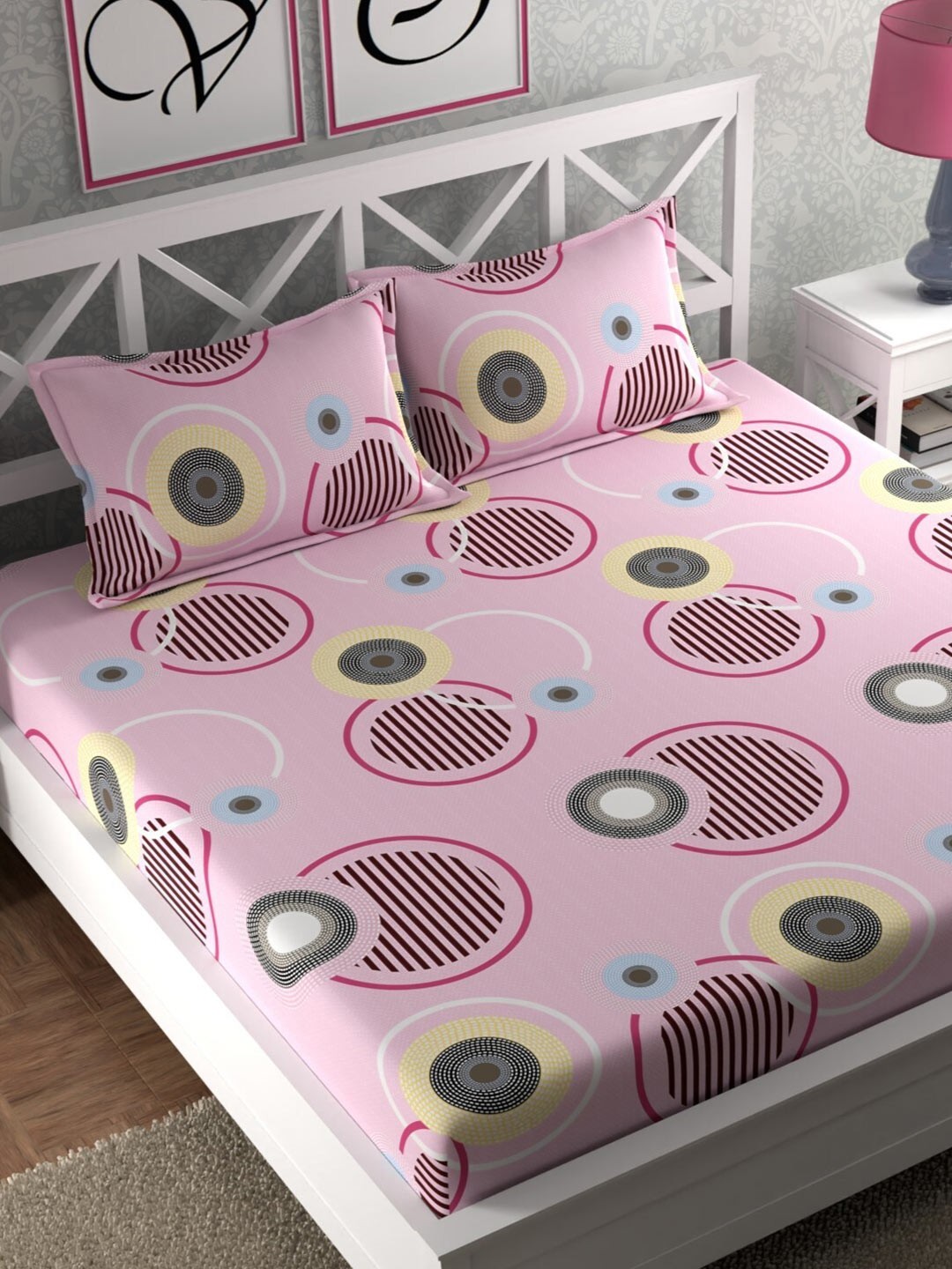 

CHHAVI INDIA Pink & Yellow 210 TC Flat Queen Bedsheet with 2 Pillow Covers