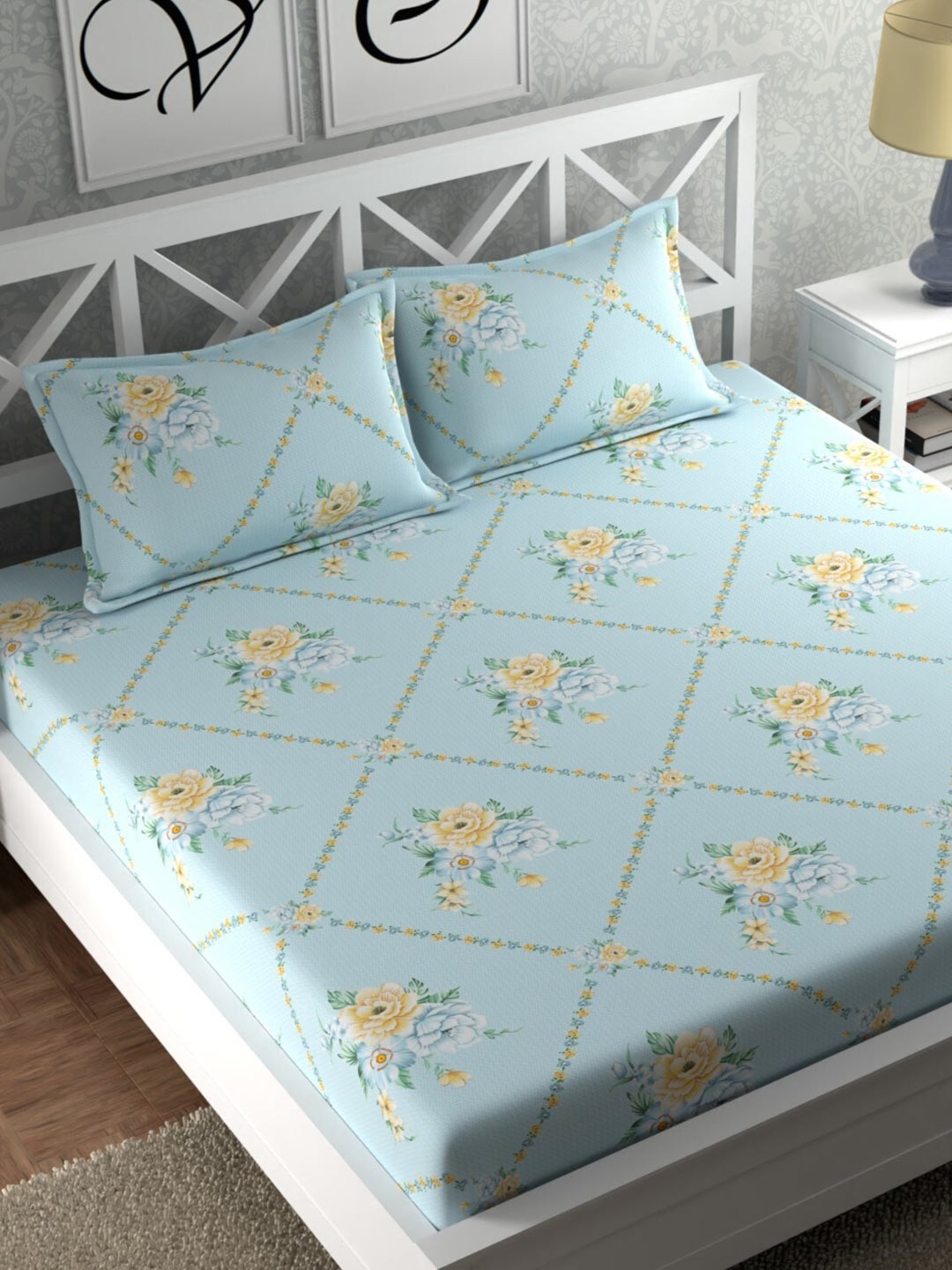 

CHHAVI INDIA Blue & Yellow Floral 210 TC Flat Queen Bedsheet with 2 Pillow Covers
