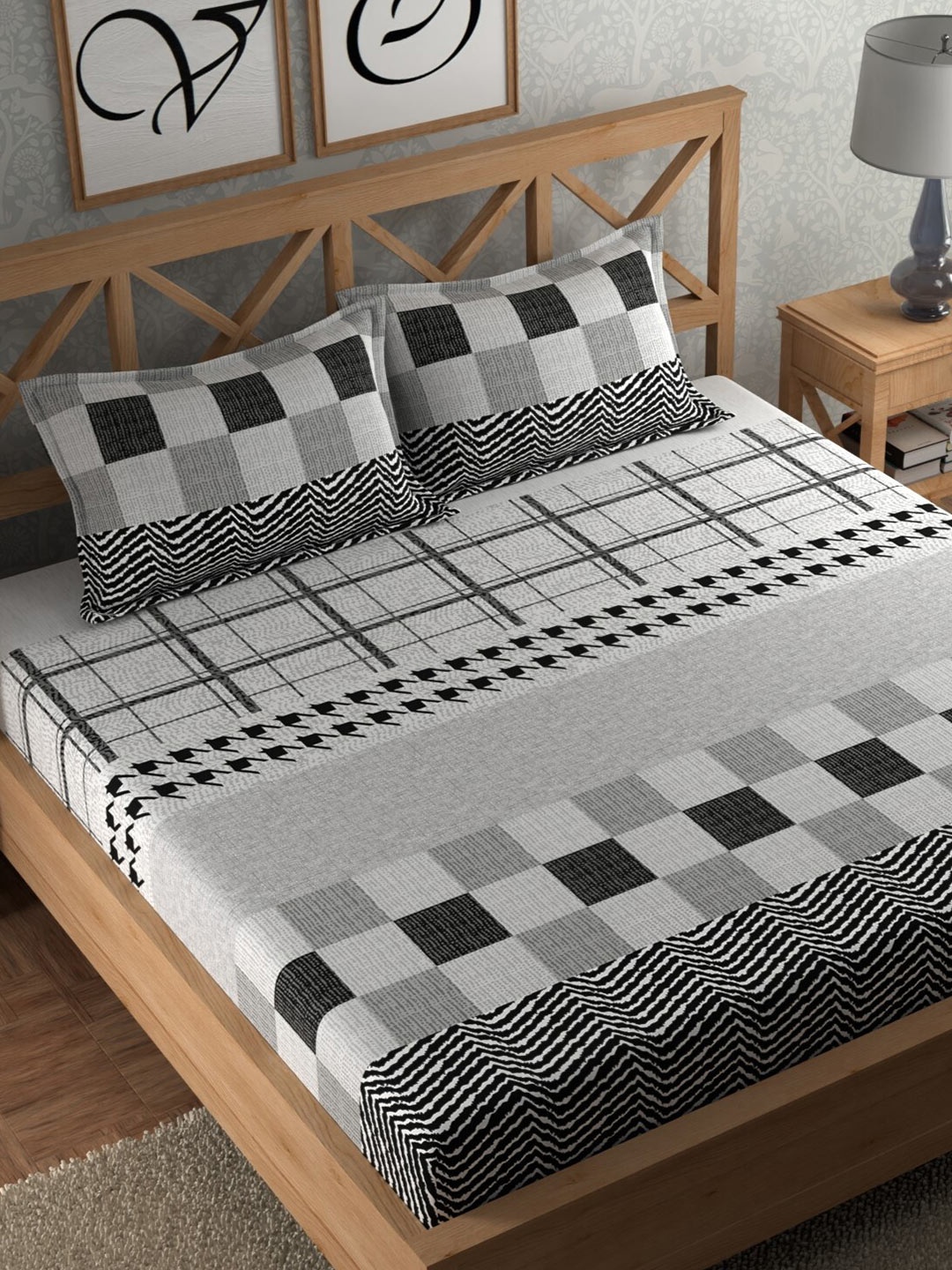 

CHHAVI INDIA Grey & Black Geometric 210 TC Flat Queen Bedsheet with 2 Pillow Covers