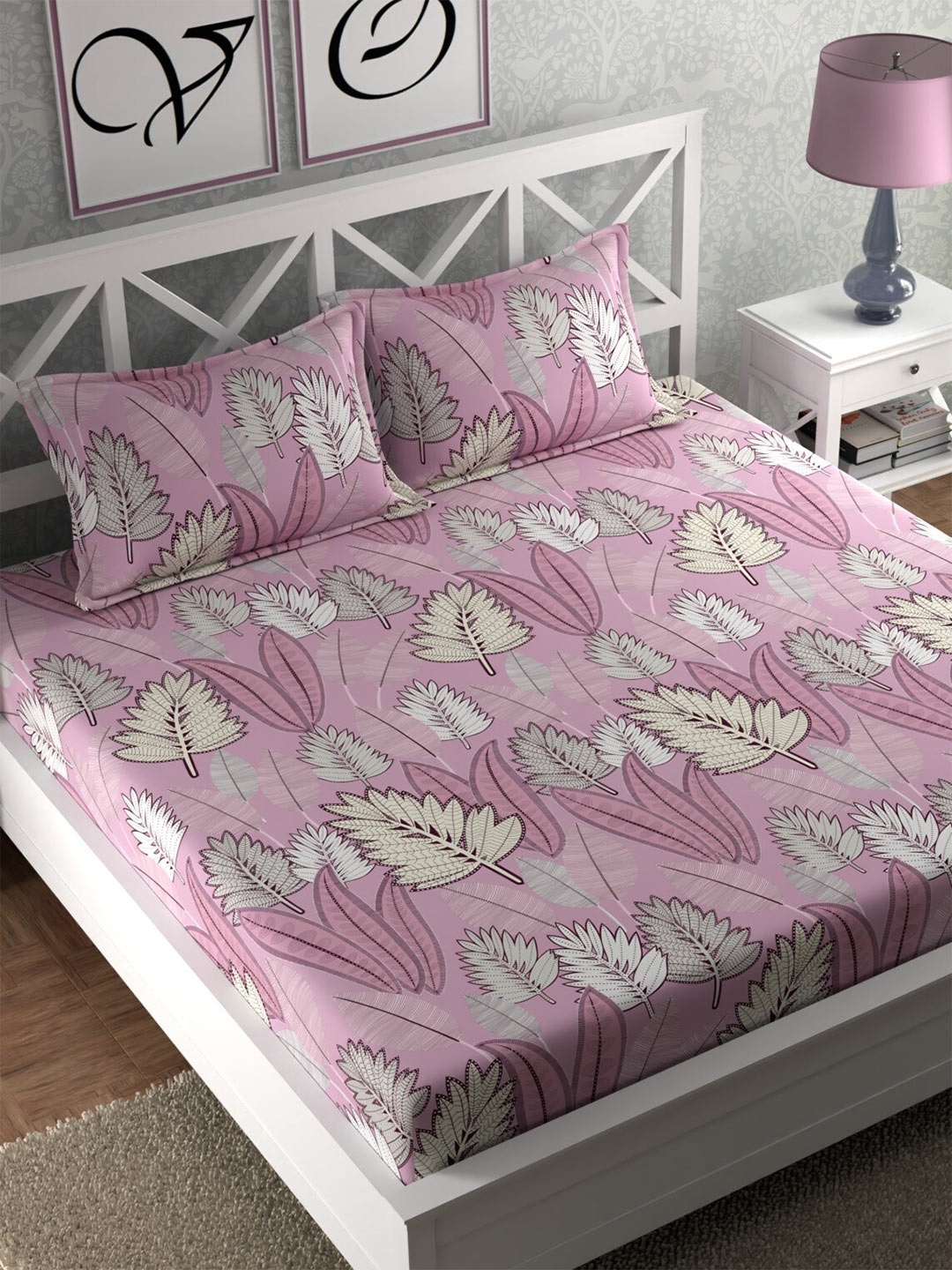 

CHHAVI INDIA Pink & Grey 210 TC Flat Queen Bedsheet with 2 Pillow Covers