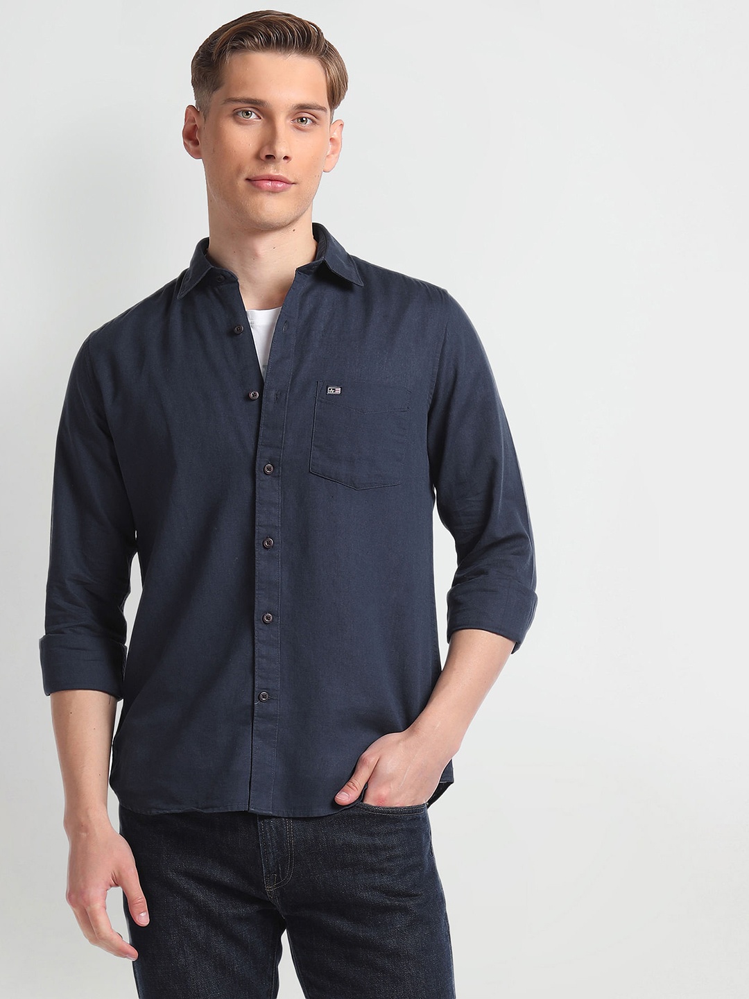 

Arrow Sport Men Pure Cotton Slim Fit Casual Shirt, Navy blue
