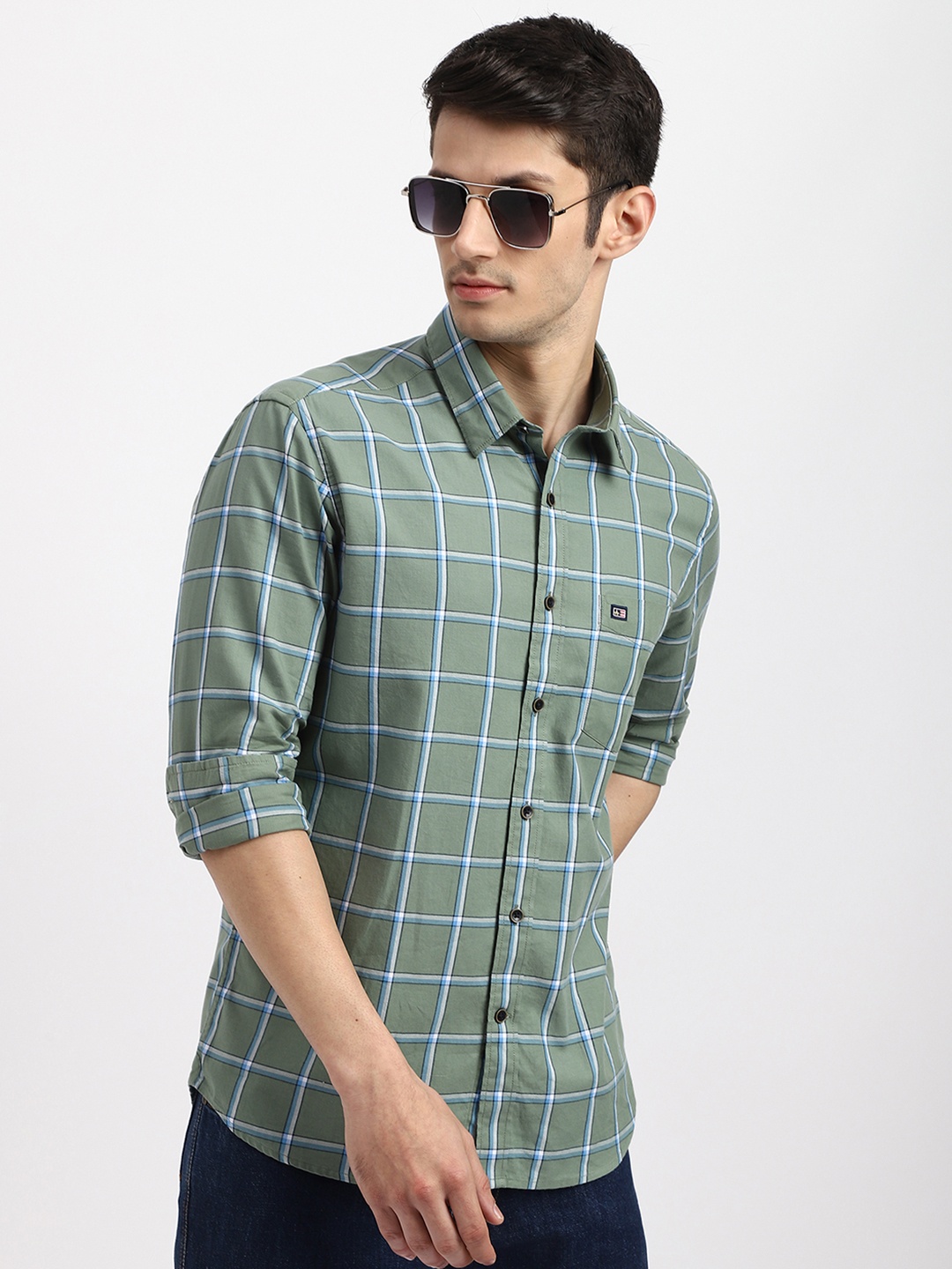

Arrow Sport Men Slim Fit Windowpane Checked Twill Weave Casual Cotton Shirt, Green