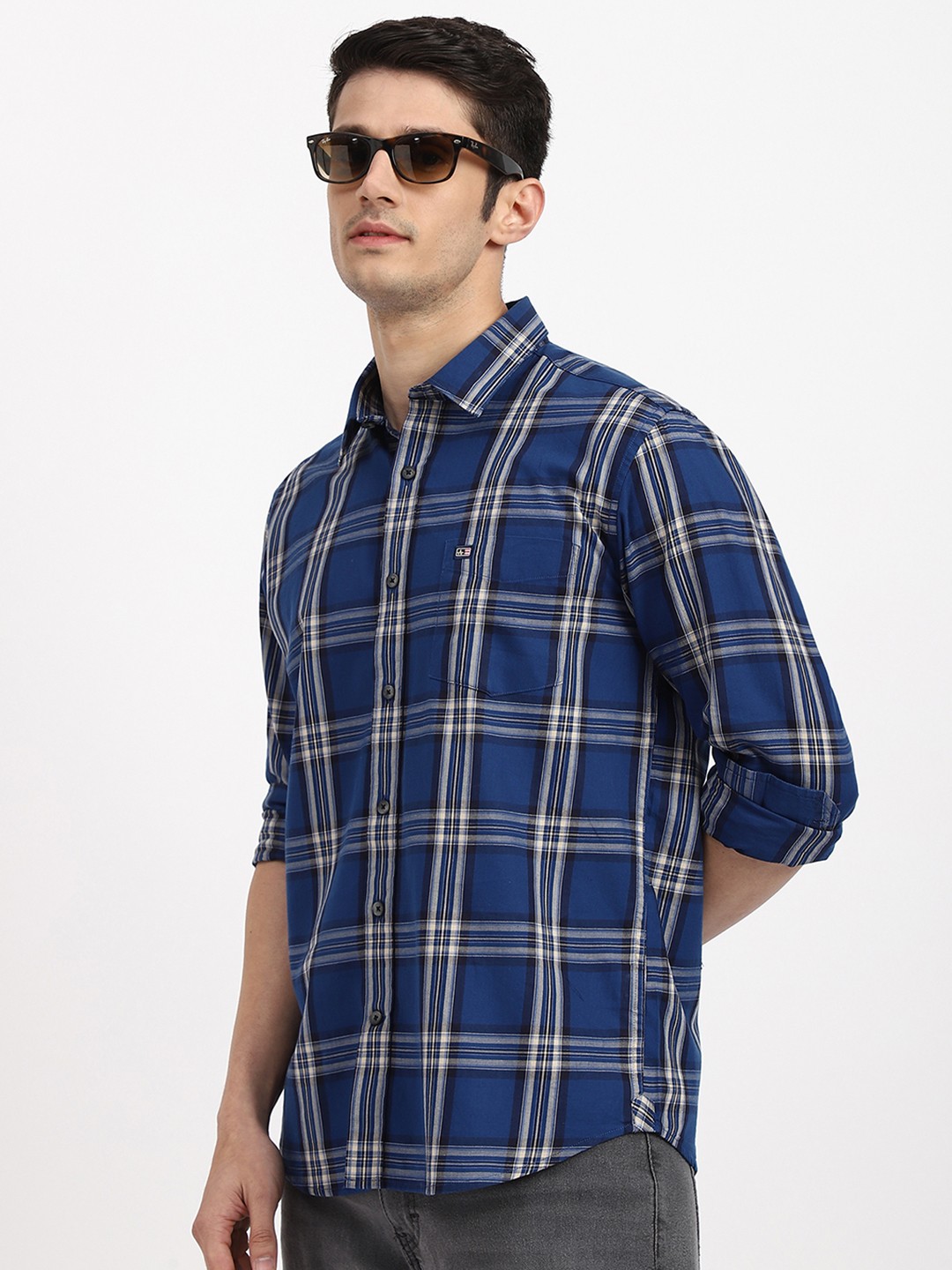 

Arrow Sport Men Cotton Slim Fit Tartan Checked Twill Casual Shirt, Navy blue
