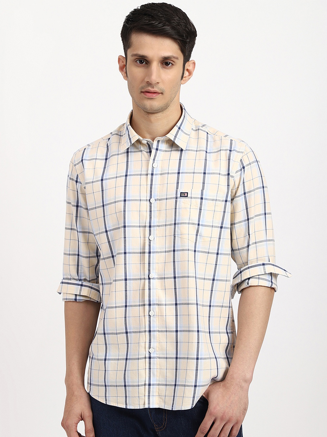 

Arrow Sport Men Plaid Checked Pure Cotton Patch Pocket Casual Shirt, Yellow