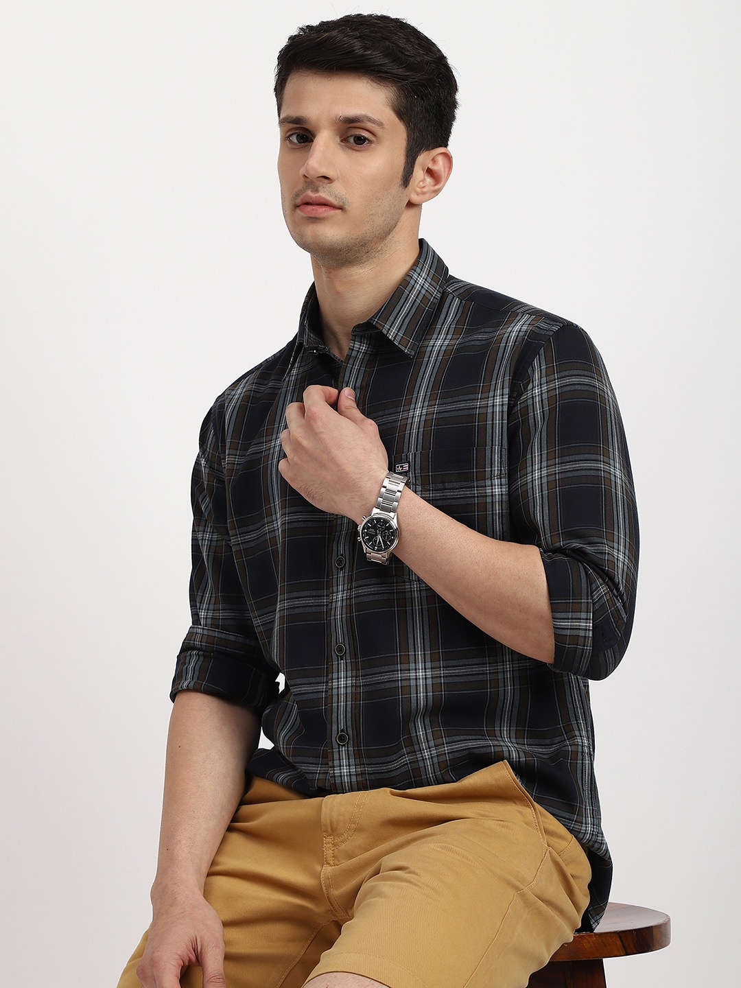 

Arrow Sport Men Manhattan Slim Fit Plaid Casual Cotton Shirt, Black