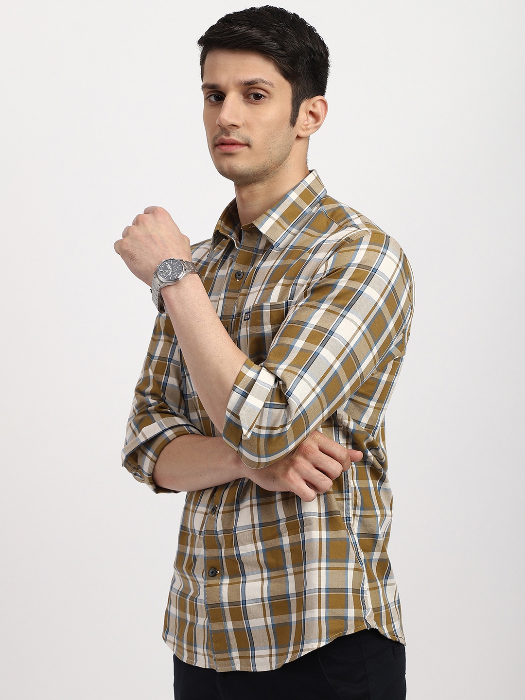 

Arrow Sport Men Slim Fit Plaid Spread Collar Casual Shirt, Brown