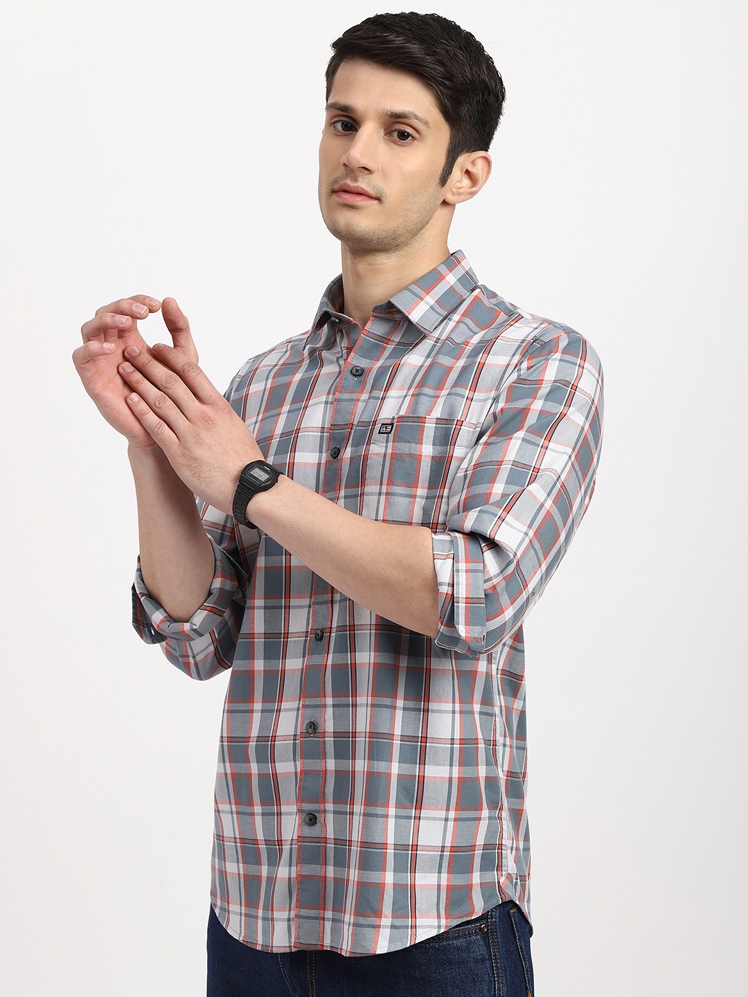 

Arrow Sport Men Slim Fit Spread Collar Plaid Checked Casual Cotton Shirt, Grey