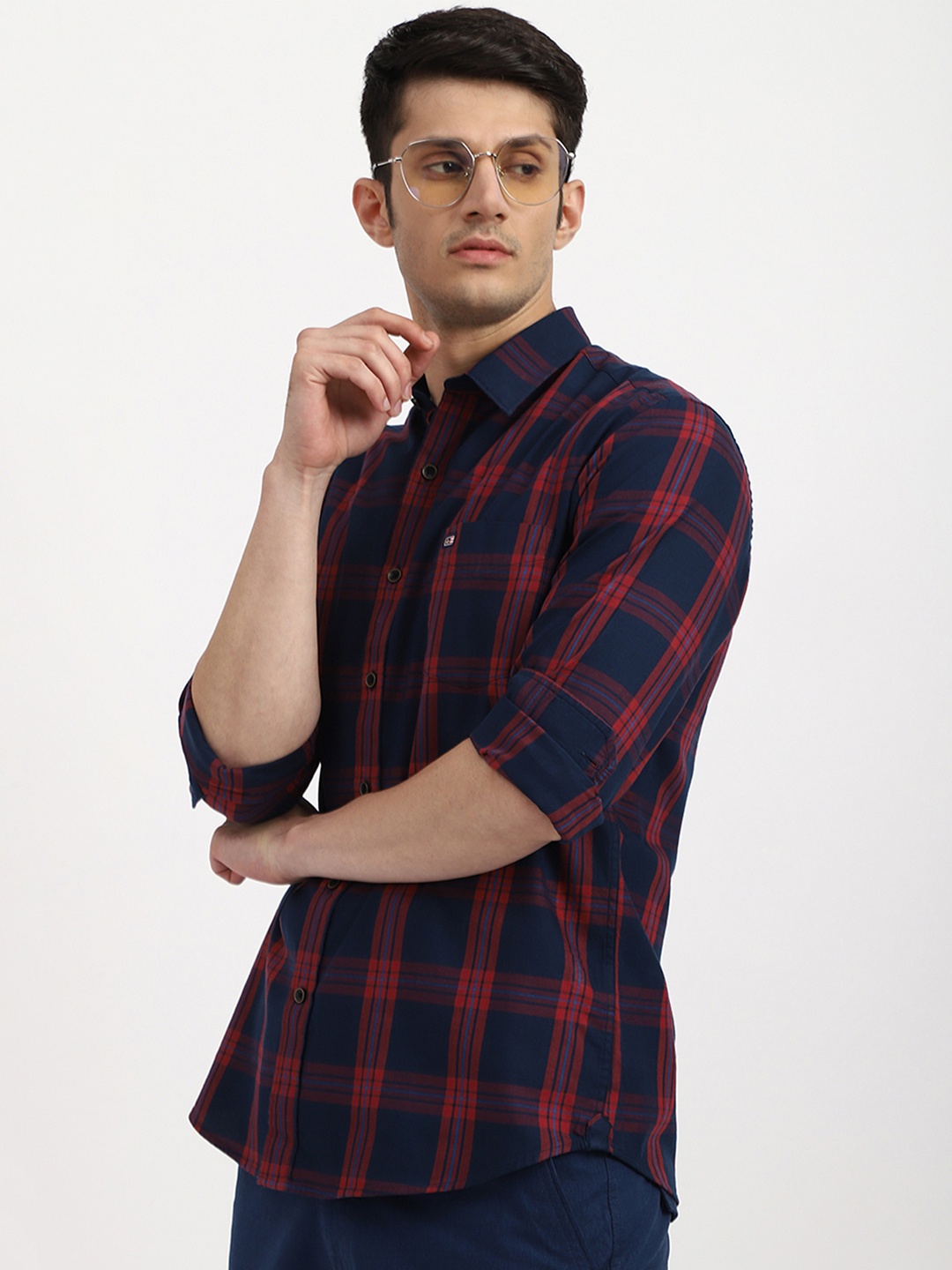

Arrow Sport Men Cotton Slim Fit Plaid Checked Mitered Cuff Casual Shirt, Navy blue