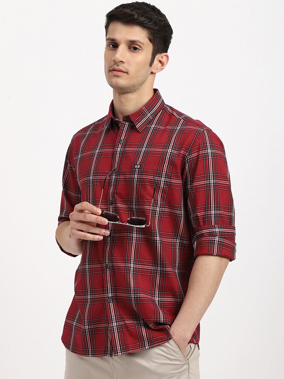 

Arrow Sport Men Slim Fit Tartan Checked Mitered Cuff Casual Cotton Shirt, Red