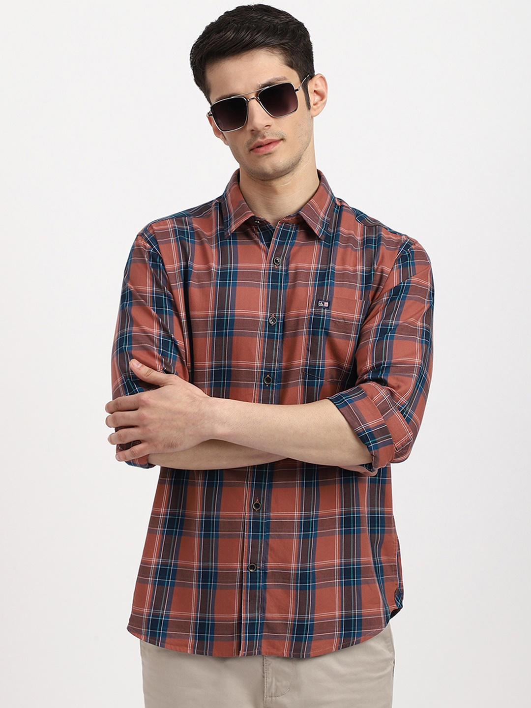 

Arrow Sport Men Slim Fit Plaid Checked Twill Cotton Casual Shirt, Rust