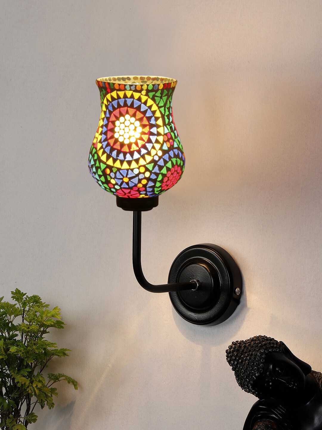 Devansh White & Yellow Mosaic Glass Shade Wall Mounted Lamp with Iron Base