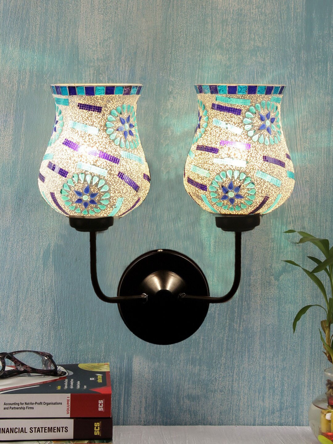 

Devansh White & Blue Dual Mosaic Glass Shade Wall Mounted Lamp with Iron Base