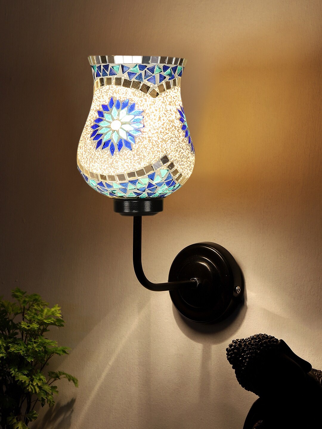 Devansh White & Blue Mosaic Glass Shade Wall Mounted Lamp with Iron Base