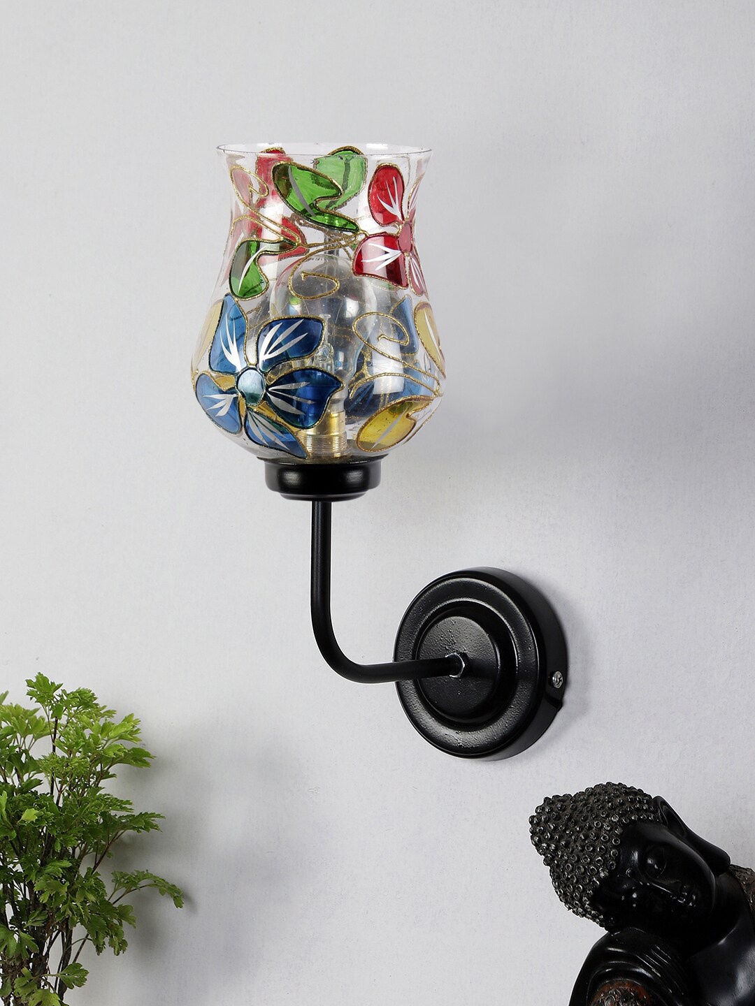 Devansh Blue & Red Floral Mosaic Glass Shade Wall Mounted Lamp with Iron Base