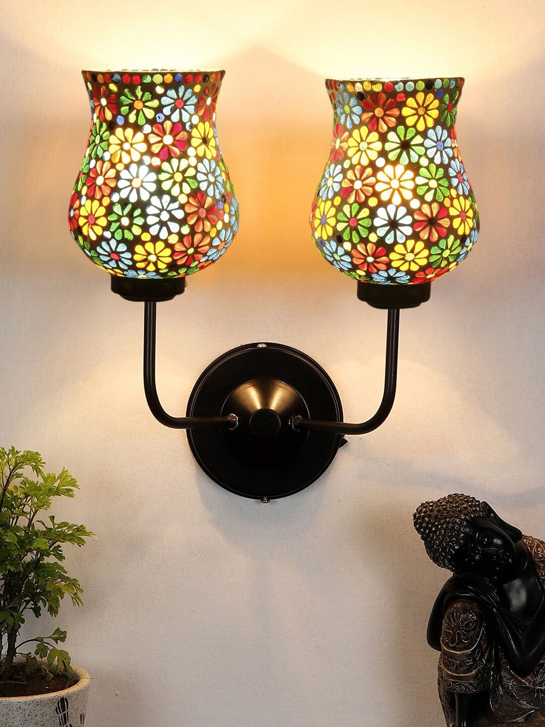 

Devansh White & Blue Dual Mosaic Glass Shade Wall Mounted Lamp with Iron Base
