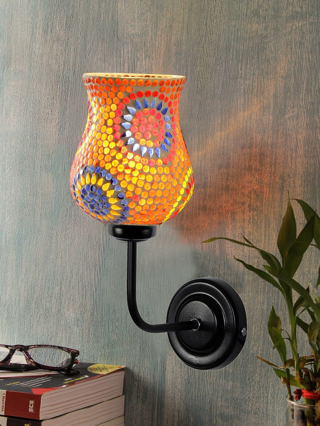 

Devansh White & Red Mosaic Glass Shade Wall Mounted Lamp with Iron Base
