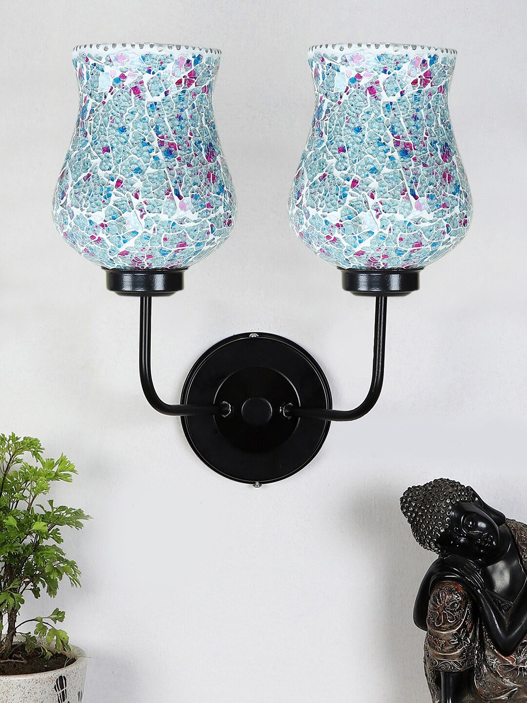 Devansh White & Blue Dual Mosaic Glass Shade Wall Mounted Lamp with Iron Base