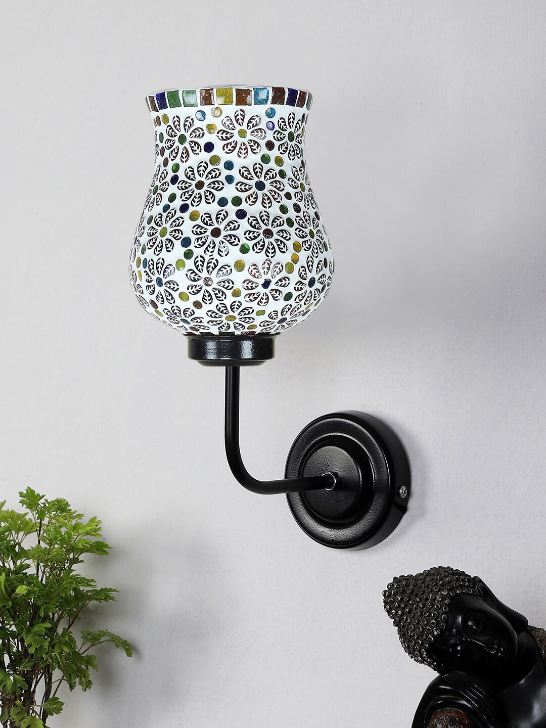 Devansh White & Green Mosaic Glass Shade Wall Mounted Lamp with Iron Base