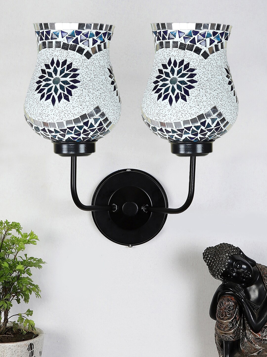 Devansh White & Blue Dual Mosaic Glass Shade Wall Mounted Lamp with Iron Base