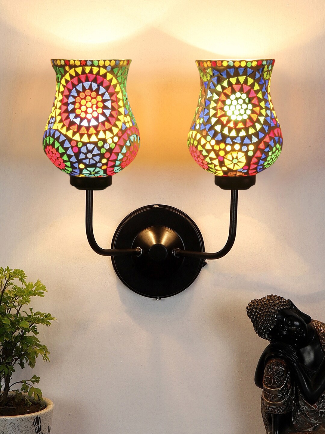 Devansh White & Blue Dual Mosaic Glass Shade Wall Mounted Lamp with Iron Base