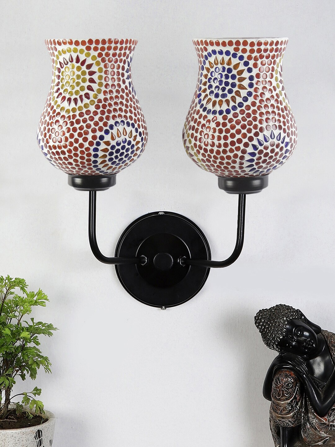Devansh White & Red Dual Mosaic Glass Shade Wall Mounted Lamp with Iron Base