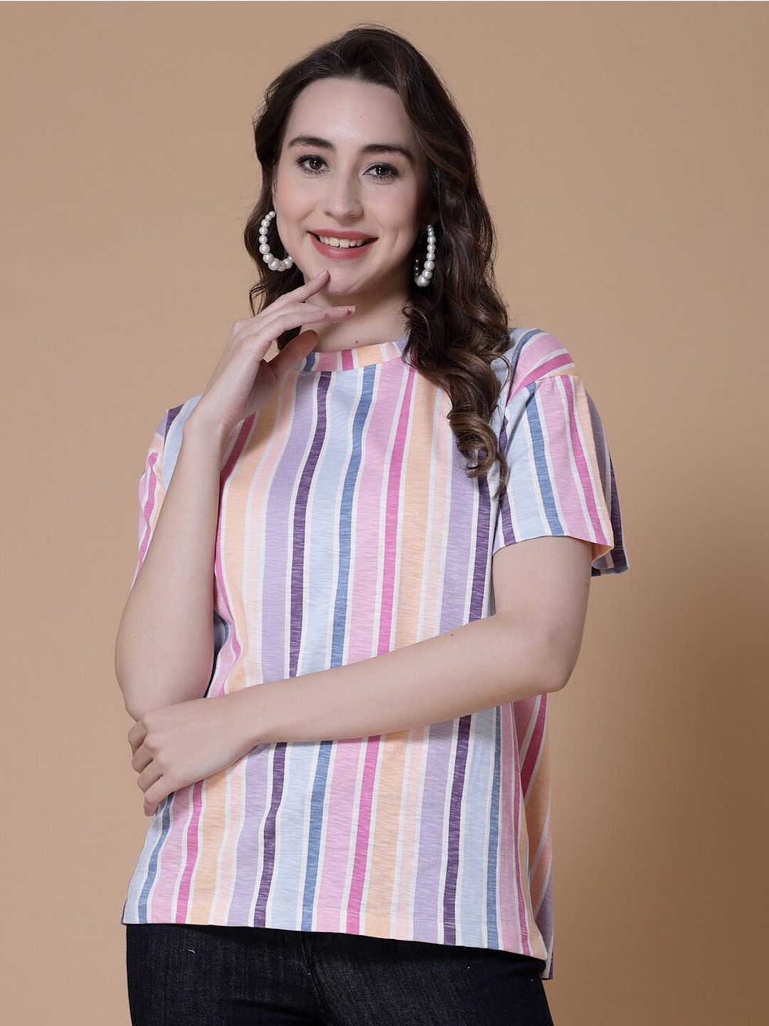 

HILL STREET Women Striped Drop-Shoulder Sleeves Cotton T-shirt, Pink