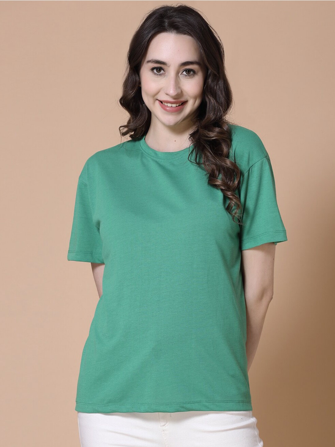 

HILL STREET Women Round Neck Drop-Shoulder Sleeves Cotton T-shirt, Green