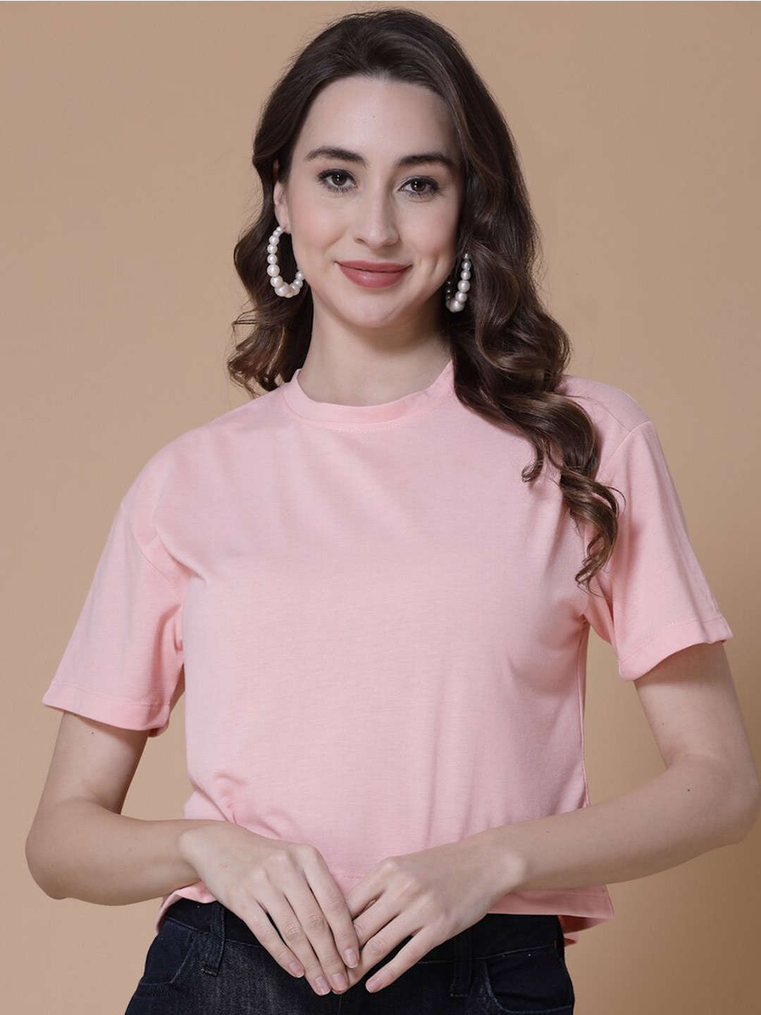 

HILL STREET Women Round Neck Drop-Shoulder Sleeves Cotton T-shirt, Pink