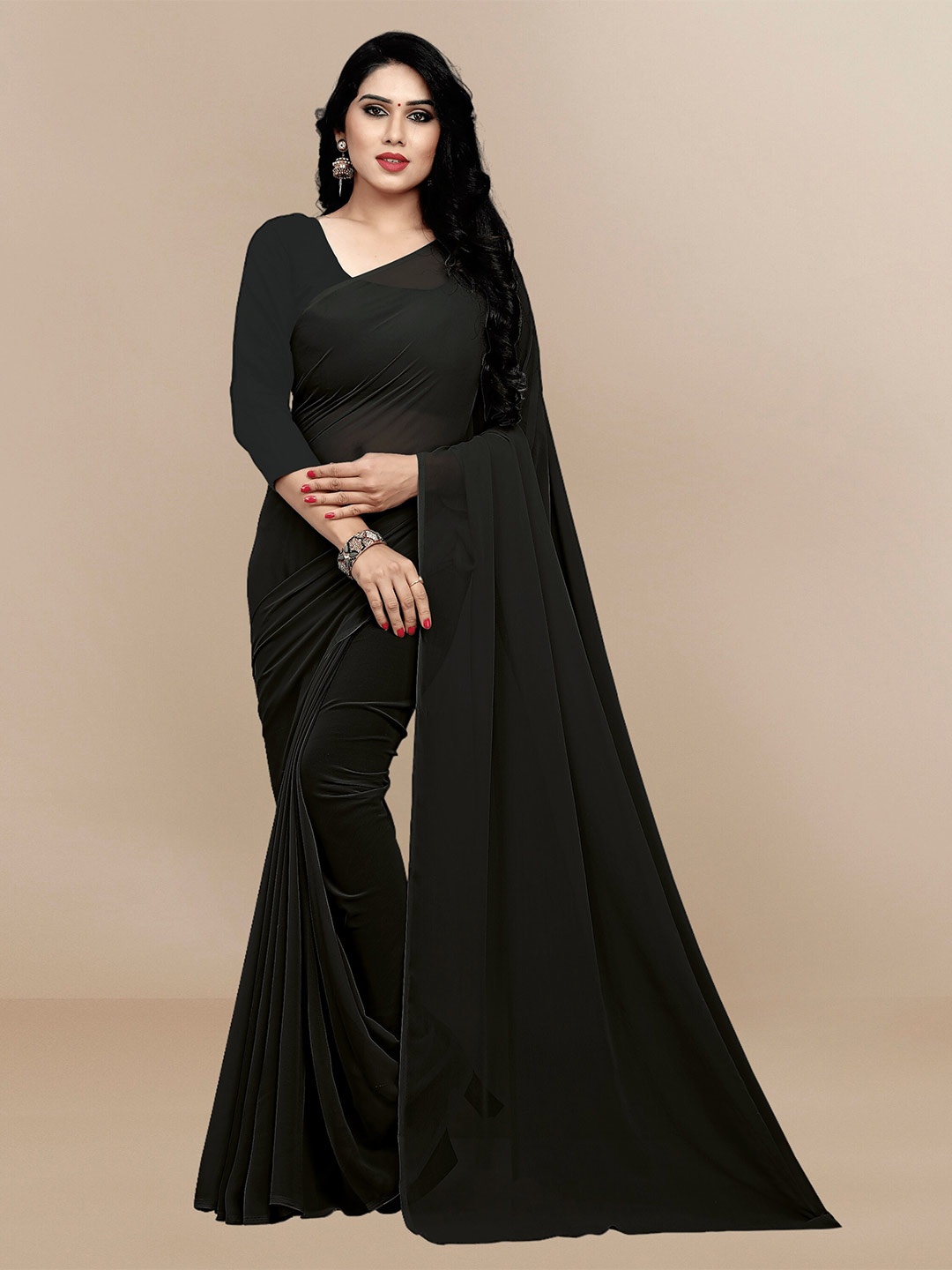 Sidhidata Solid Pure Georgette Saree, Black