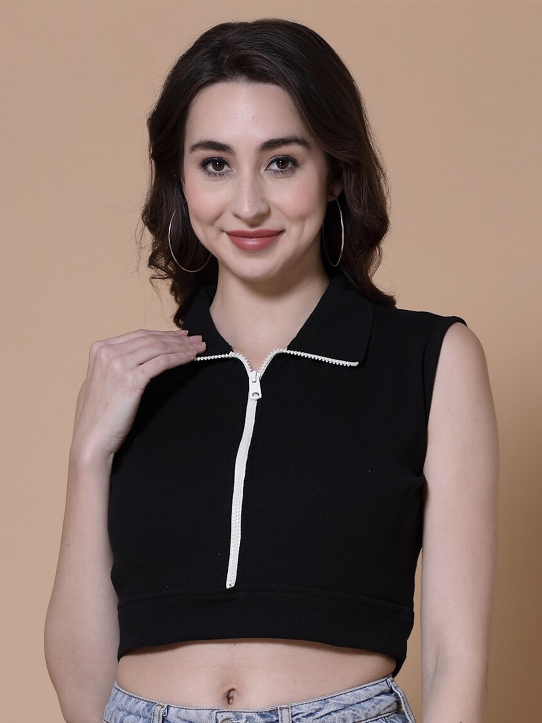 

HILL STREET Women Shirt Style Pure Cotton Crop Top, Black