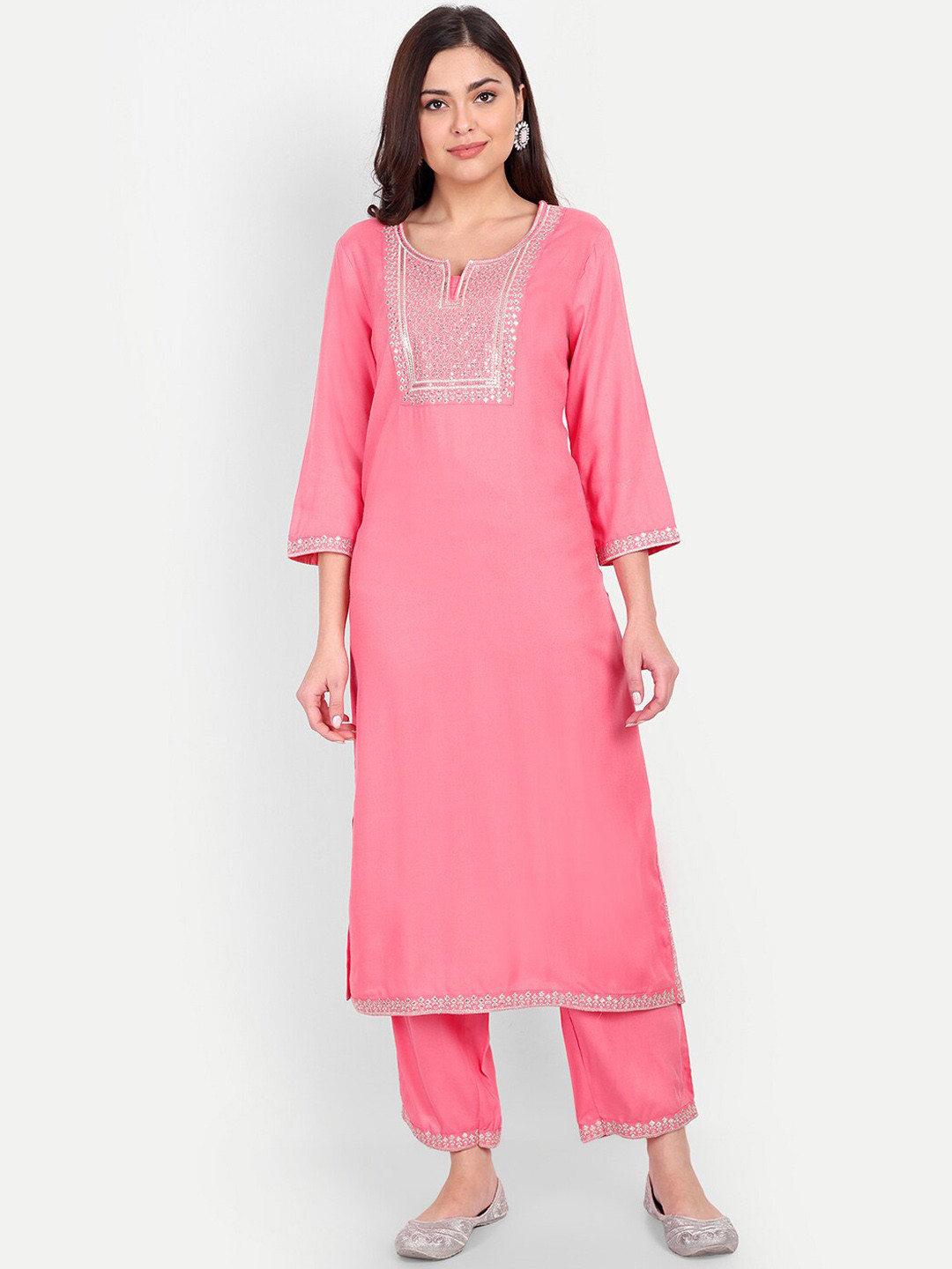 

PNEHA Women Ethnic Motifs Embroidered Kurta with Trousers, Peach