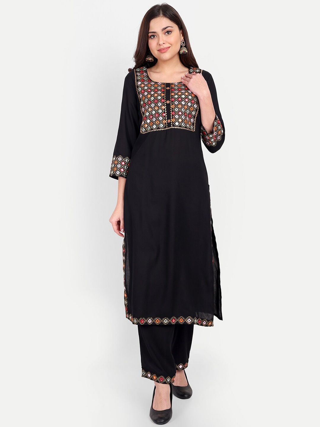 PNEHA Women Ethnic Motifs Embroidered Mirror Work Kurta with Trousers, Black