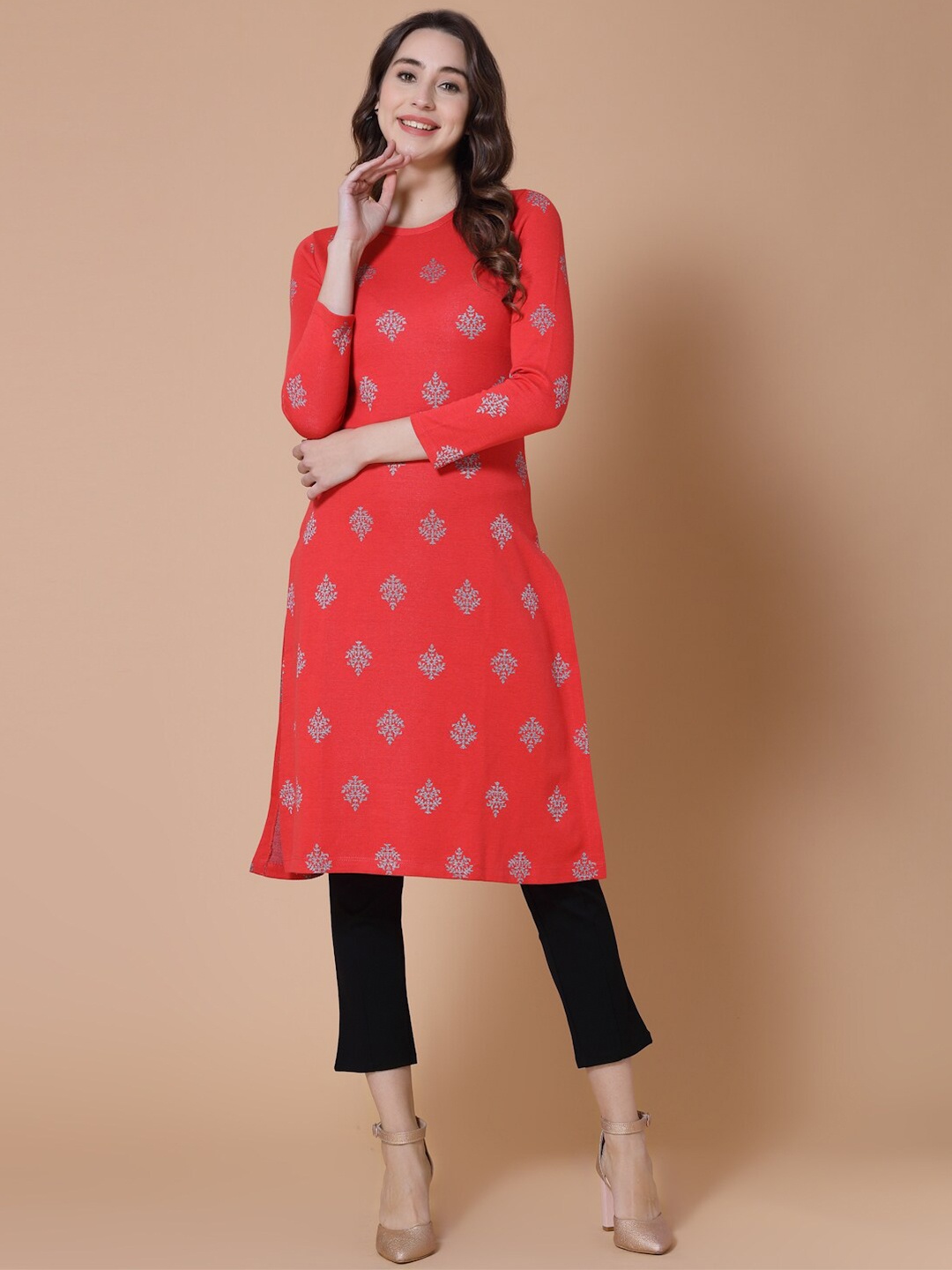 

HILL STREET Women Ethnic Motifs Printed Straight Kurta, Red