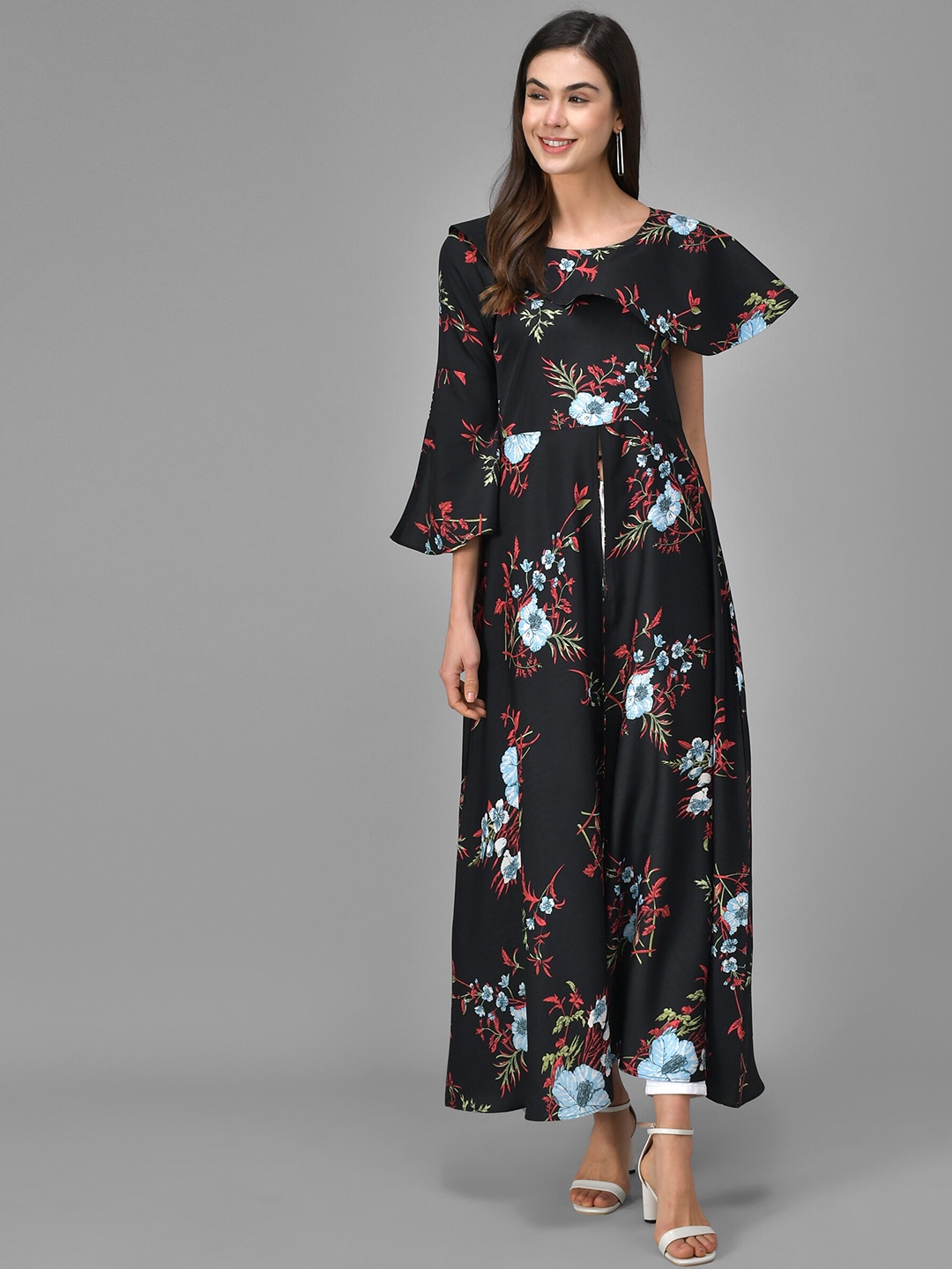 

Kannan Round Neck Bell Sleeves Floral Maxi Dress, Black
