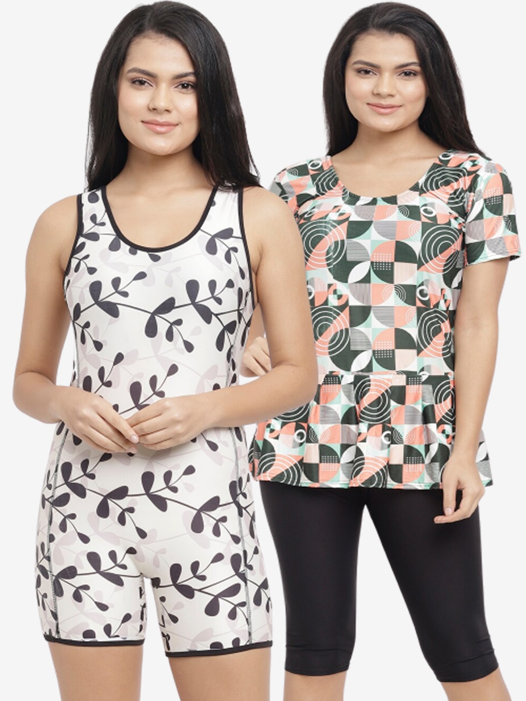 

N-Gal Women Pack Of 2 Printed Peplum & Legsuit Swimsuit, Off white