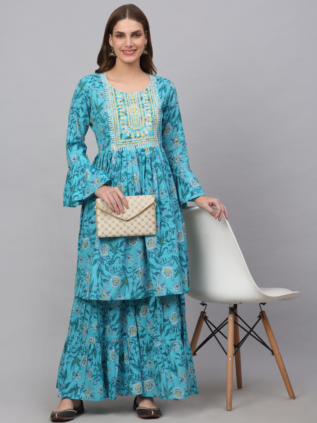 

KALINI Women Floral Printed Pleated Pure Cotton Kurta with Sharara, Turquoise blue