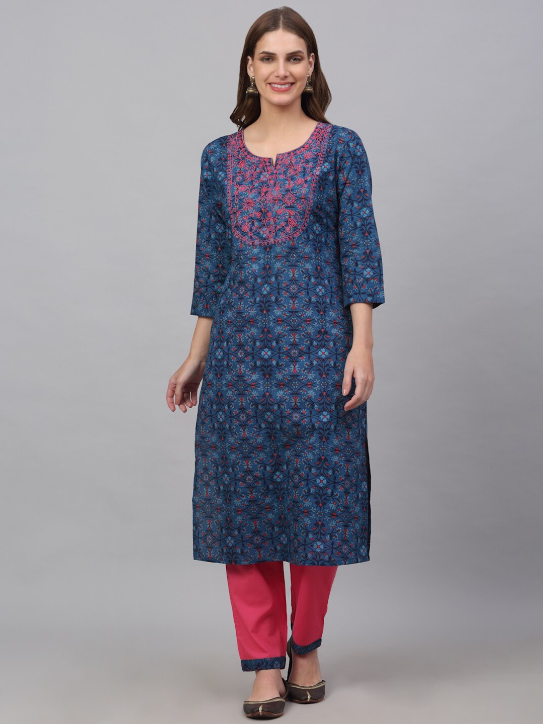 

KALINI Women Floral Printed Thread Work Notch Neck Pure Cotton Kurta with Trousers, Navy blue
