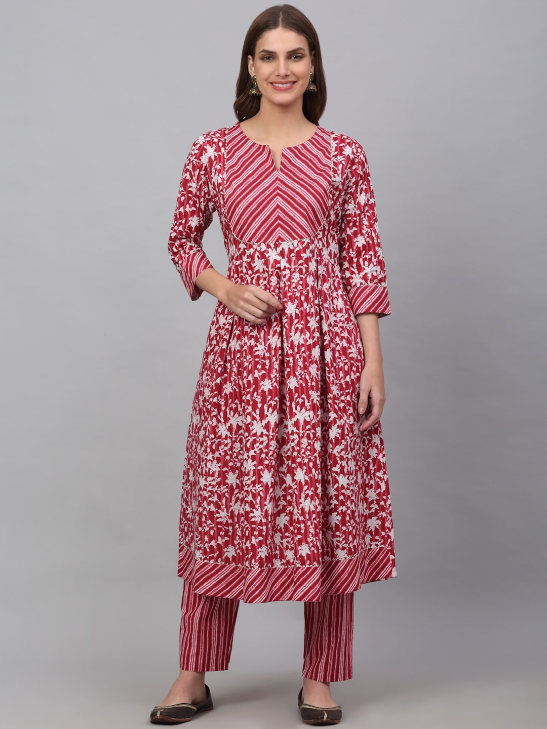 

KALINI Women Floral Printed Pleated Pure Cotton Notch Neck Kurta with Trousers, Maroon