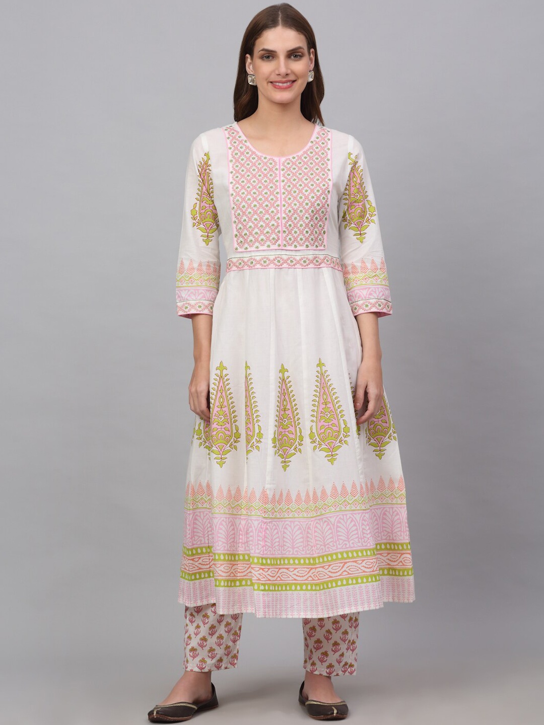 

KALINI Women Ethnic Printed Anarkali Pure Cotton Kurta with Trousers, Off white