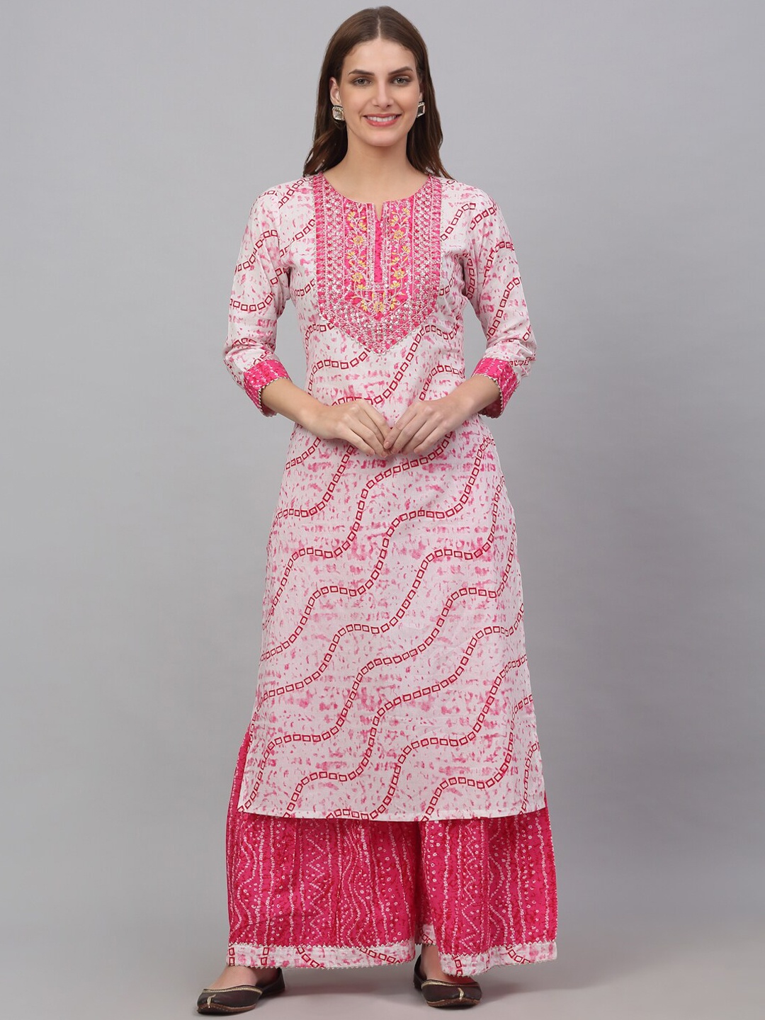 

KALINI Women Bandhani Printed Sequinned Kurta with Palazzos & Dupatta, Off white